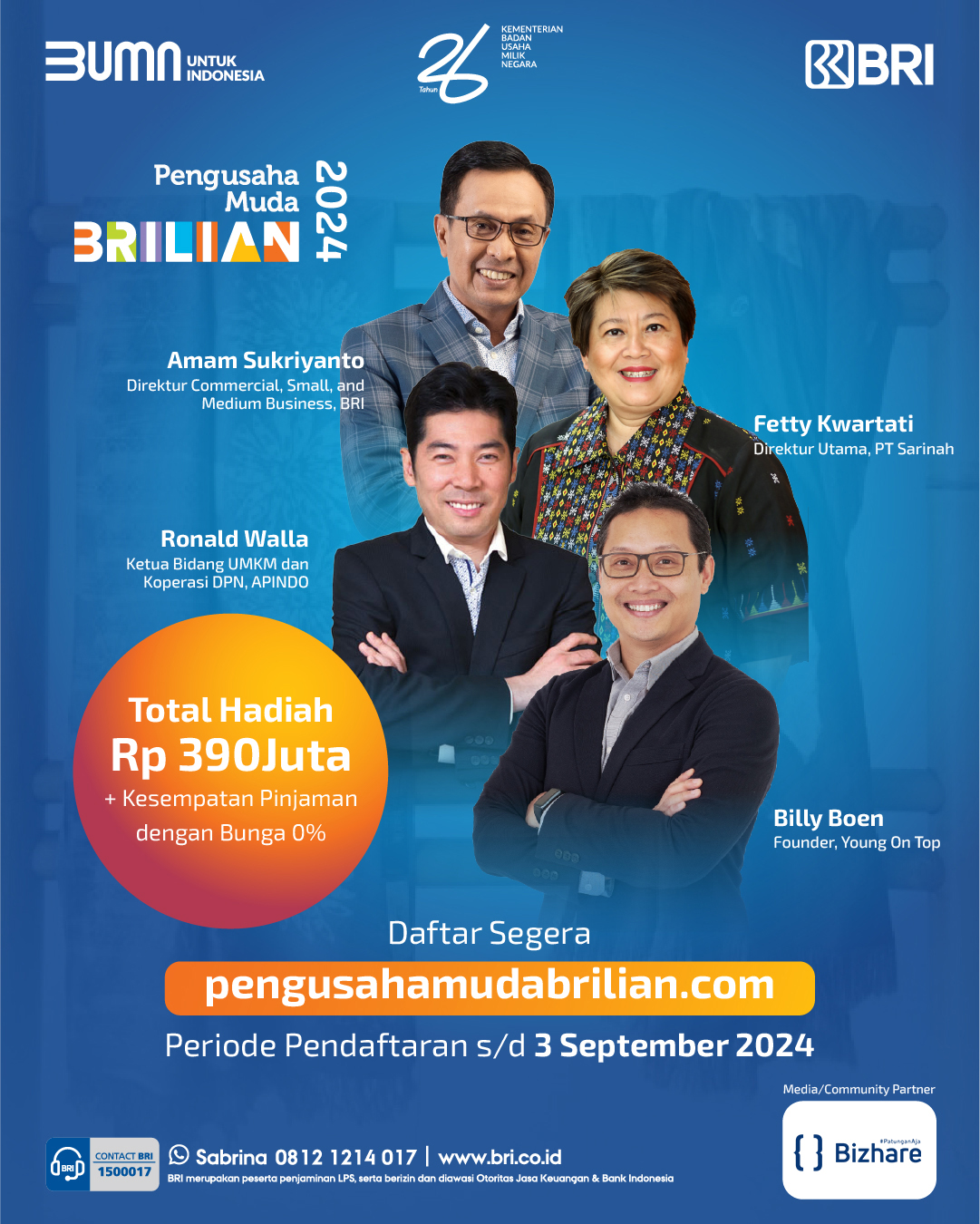 Pendaftaran untuk Program Pengusaha Muda BRILiaN (PMB) 2024 telah resmi dibuka hingga 3 September 2024.